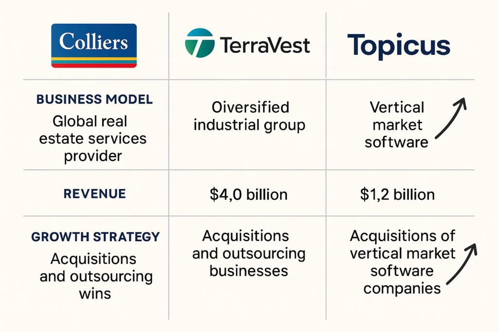 comparison chart showing the business models and growth strategies of Colliers, TerraVest, and Topicus
