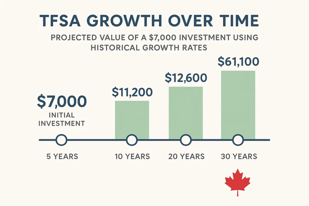infographic showing the projected growth of a $7,000 TFSA investment over 5, 10, 20, and 30 years using historical growth rate