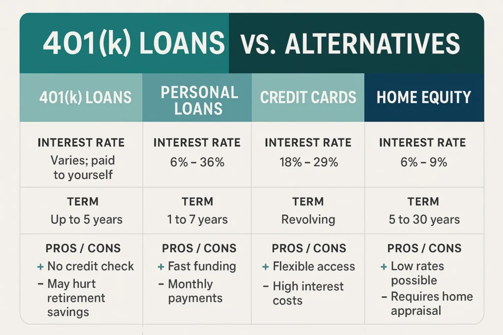 401k loan alternatives comparison chart showing personal loans credit cards and home equity options