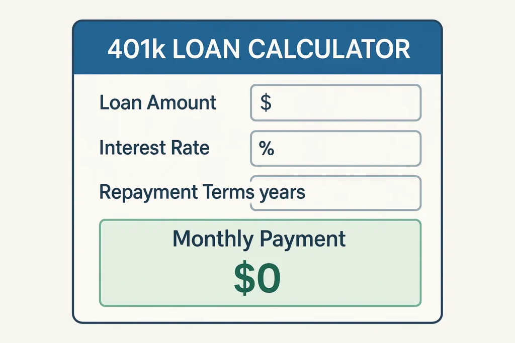 401k loan calculator interface showing input fields for loan amount interest rate and repayment terms
