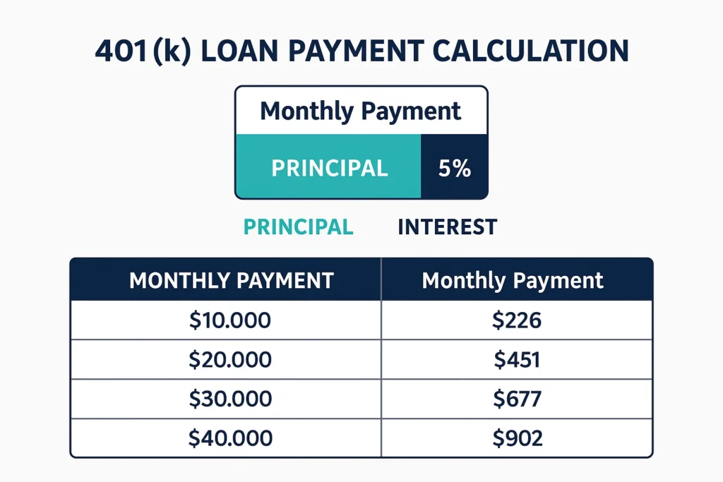 401k loan payment calculation breakdown showing principal interest and total monthly payment amounts