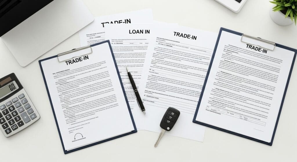 paperwork and contracts showing loan payoff documentation and financing disclosures