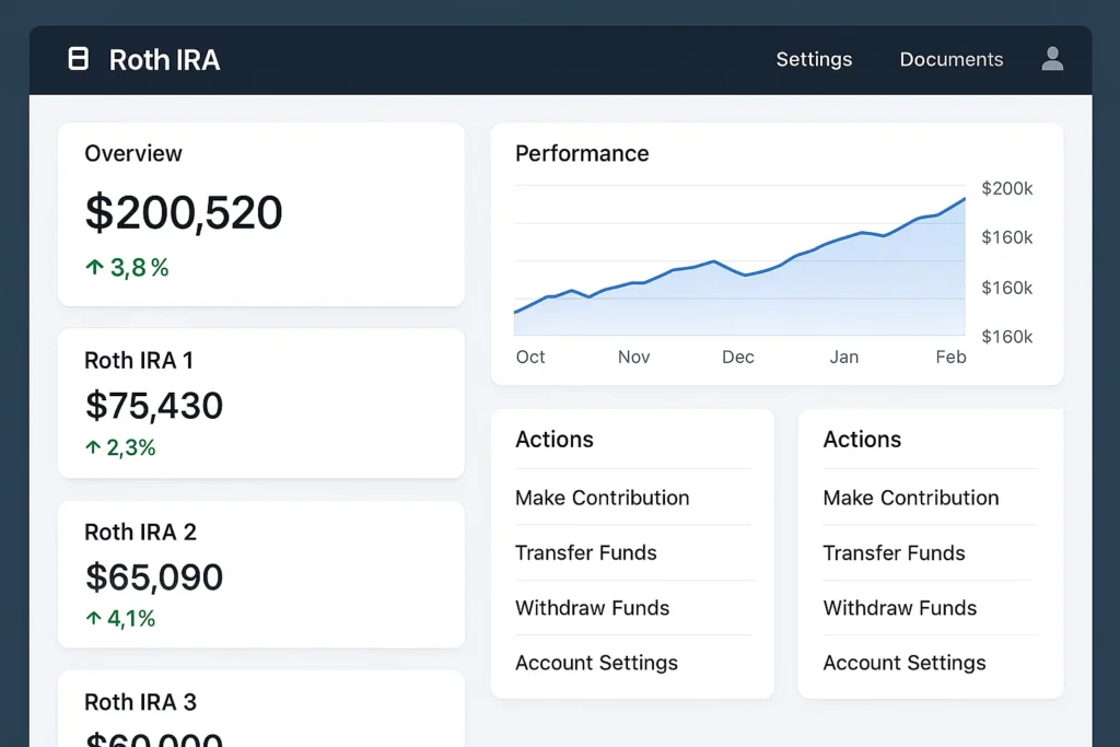 Financial management dashboard showing multiple Roth IRA accounts