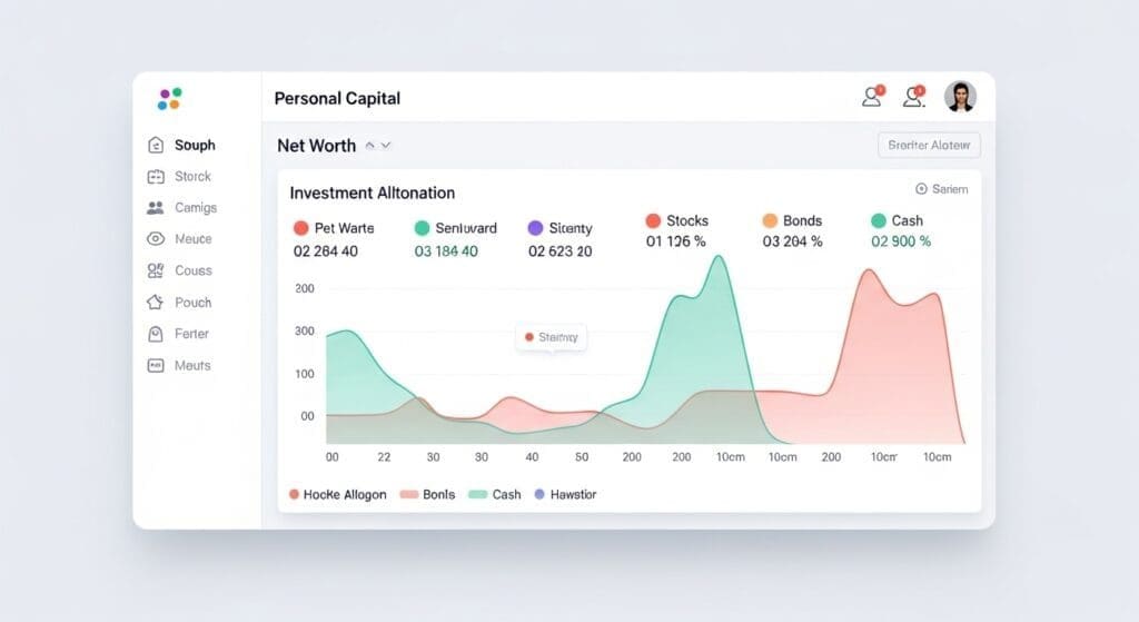 Personal Capital dashboard showing net worth graph and investment allocation