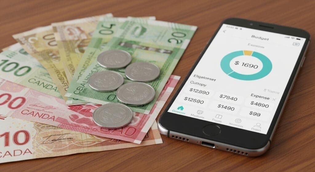 Canadian currency with smartphone showing budgeting app displaying CAD amounts