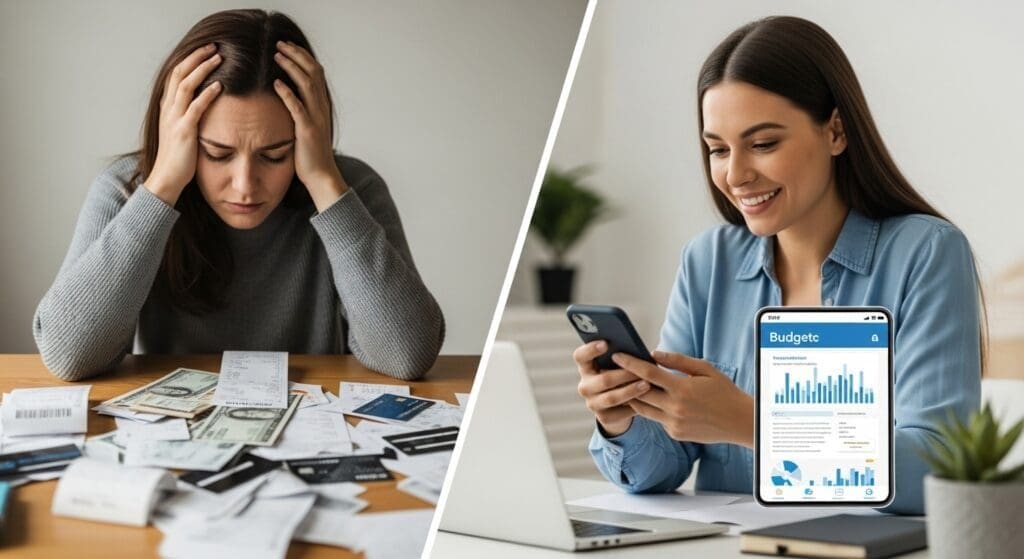 Split screen showing frustrated person with scattered bills vs. organized person using budgeting app