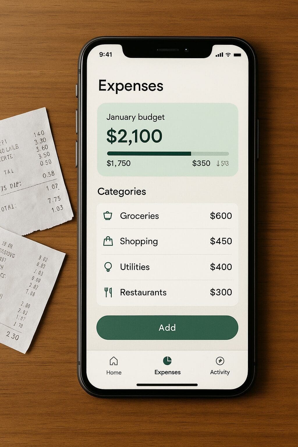 Wally app interface showing clean, minimal expense tracking with photo receipts