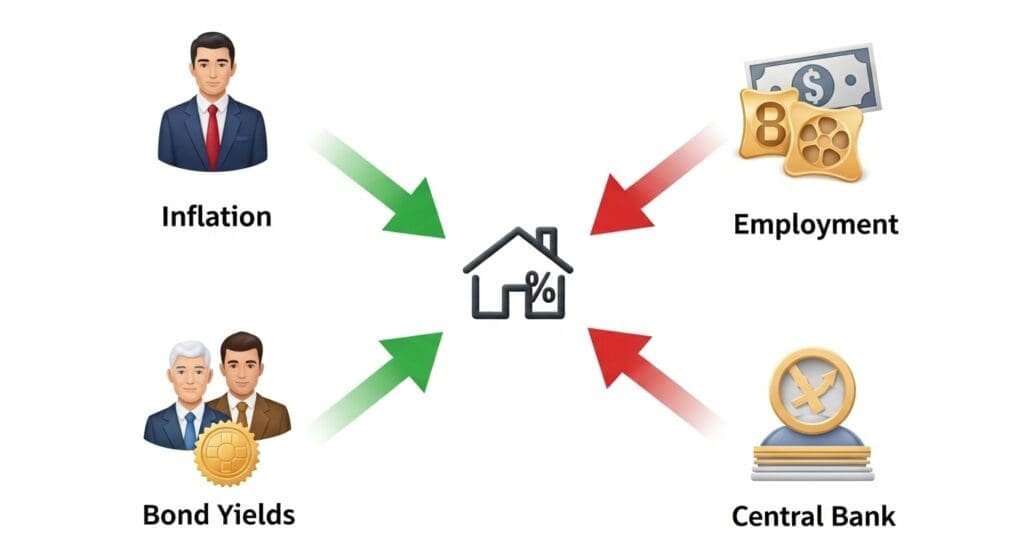 Infographic showing the interconnected factors affecting mortgage rates