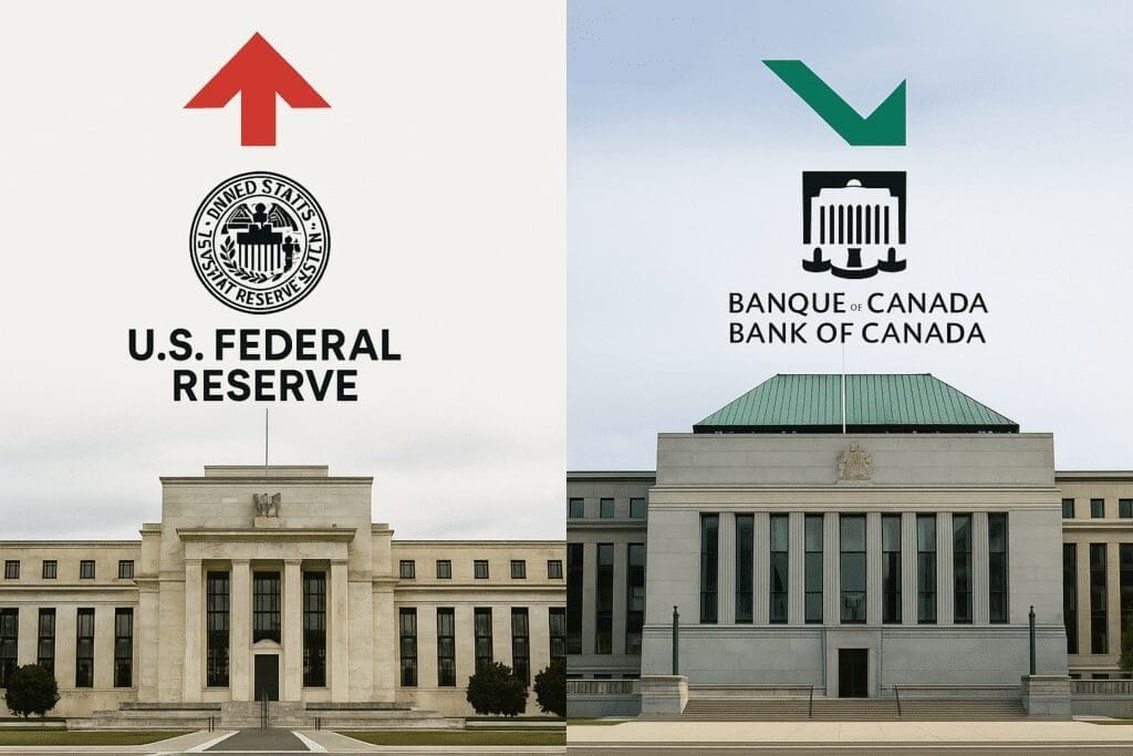"Central bank comparison graphic showing Federal Reserve vs Bank of Canada