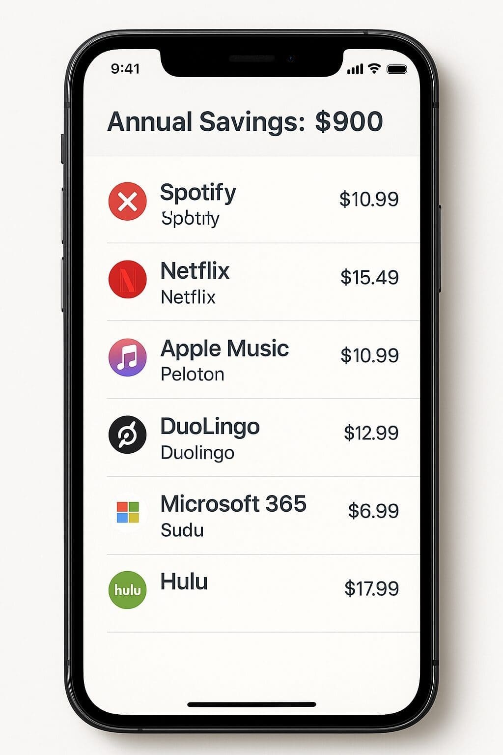 Smartphone screen showing a subscription management app