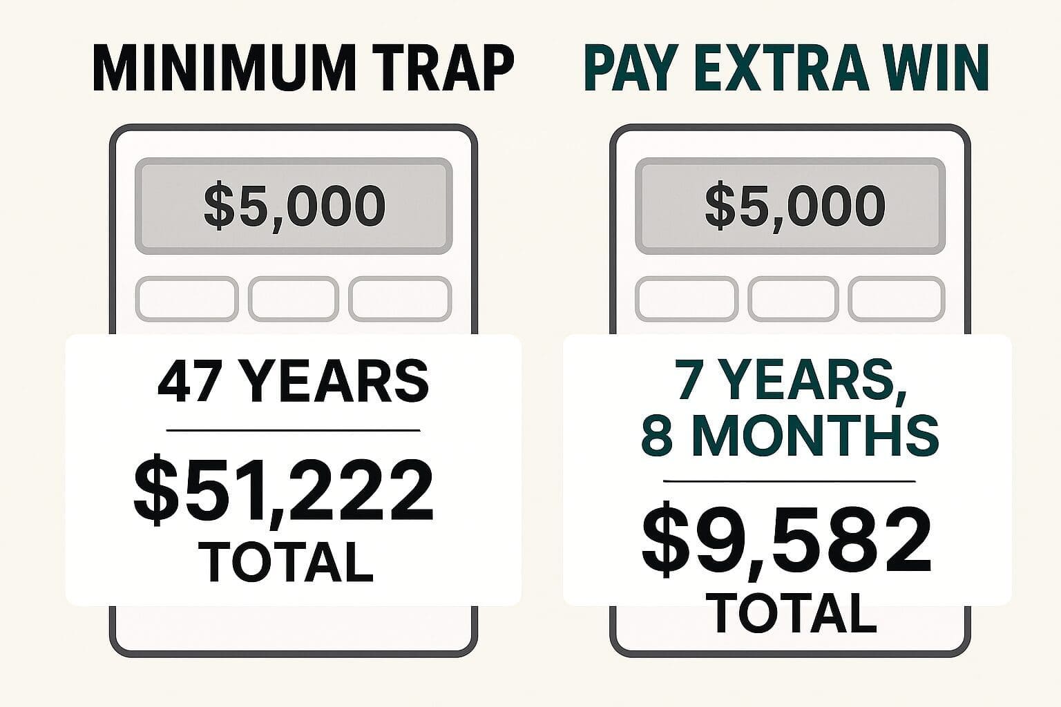 dramatic difference between minimum payments vs. paying extra $50 monthly