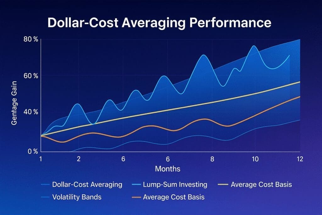 Chart showing dollar-cost averaging performance over 12 months compared to lump-sum investing