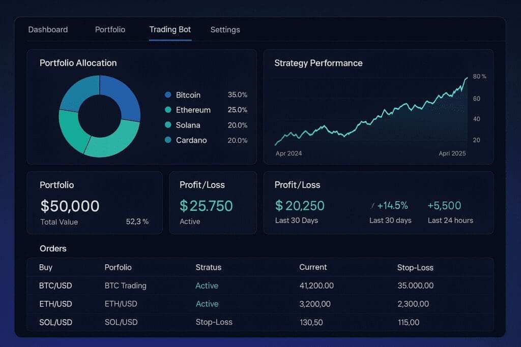 Dashboard screenshot showing automated crypto trading interface