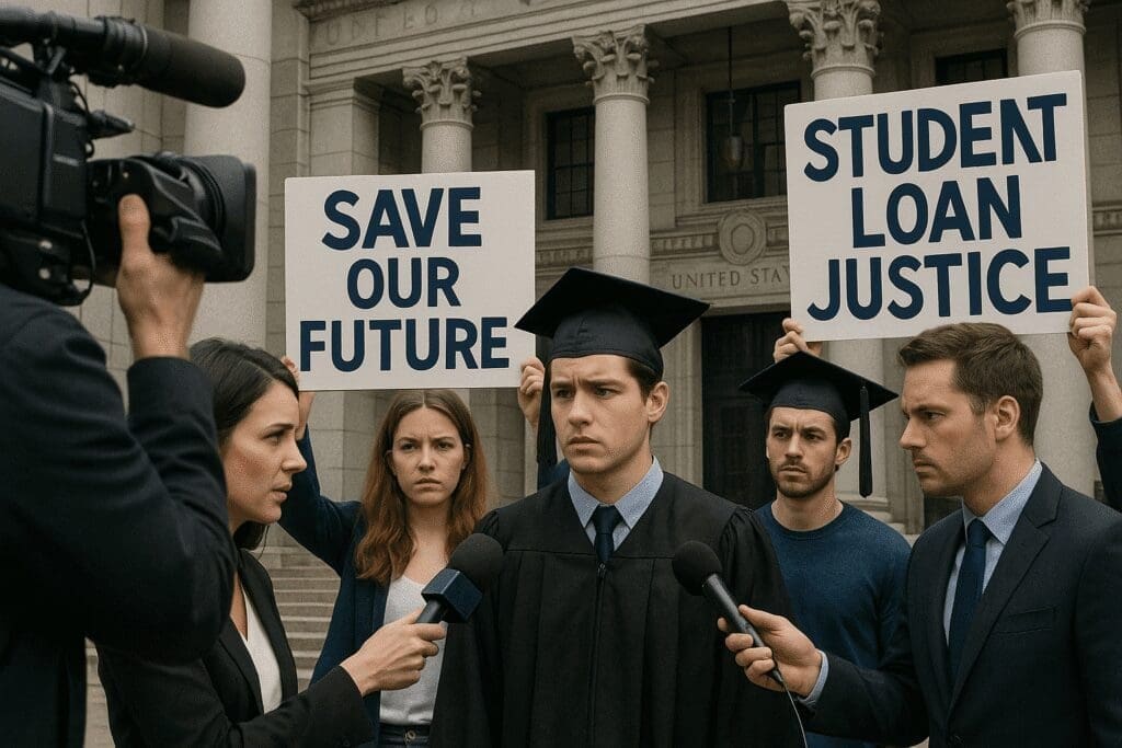 Federal courthouse with protesters holding signs
