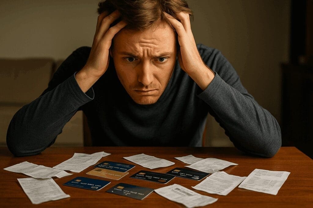 Person overwhelmed by scattered receipts and multiple credit cards on a desk