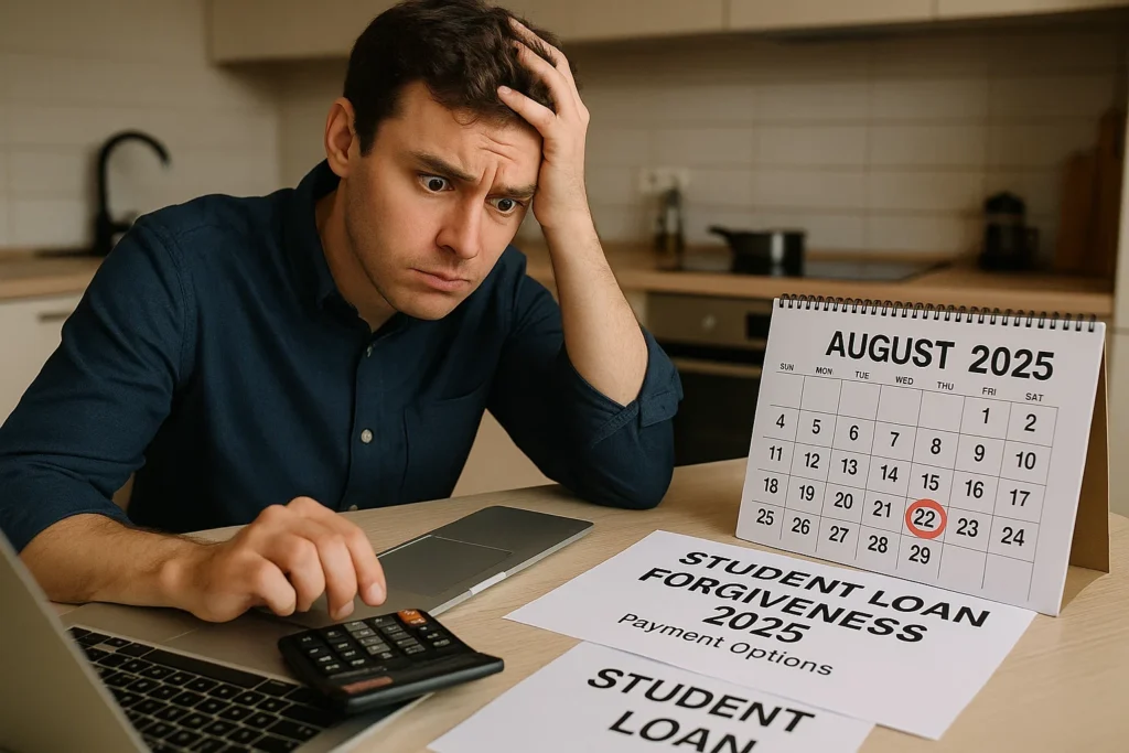 young professional sitting at a kitchen table with calculator, laptop, and student loan documents