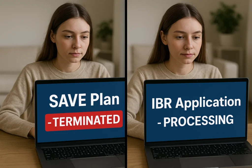 comparison showing a student using a laptop with 'SAVE Plan - TERMINATED' on one side and 'IBR Application - PROCESSING' 
