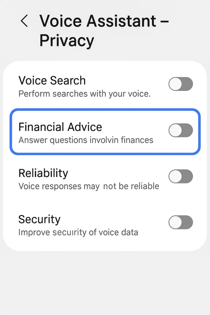 Screenshot of voice assistant privacy settings highlighting voice search