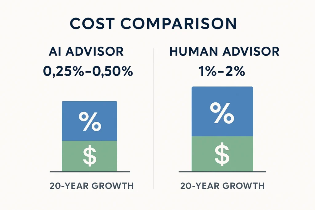 images-0121 infographic showing side-by-side cost comparison charts with dollar signs and percentage symbols, displaying AI advisor fees