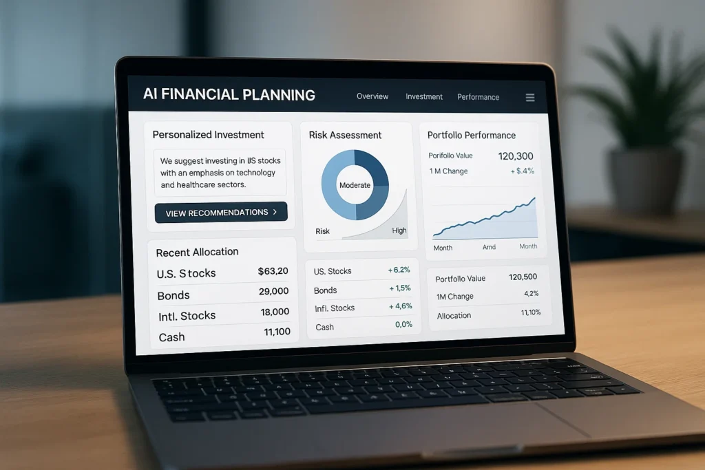 Modern dashboard screenshot showing AI-powered financial planning interface with personalized investment recommendations