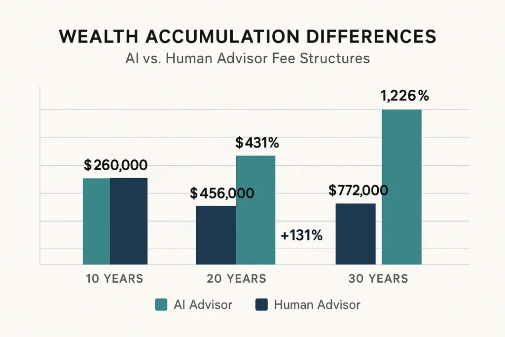 comparison chart showing long-term wealth accumulation differences between AI and human advisor