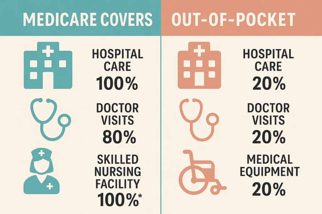 split-screen comparison showing Medicare coverage gaps, with one side showing what Medicare covers and the other showing typical out-of-pocket expenses