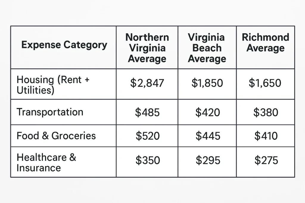 Virginia cost of living comparison chart for Gen Z emergency fund planning by region 2025