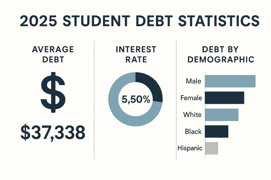 Infographic showing 2025 student debt statistics by demographics