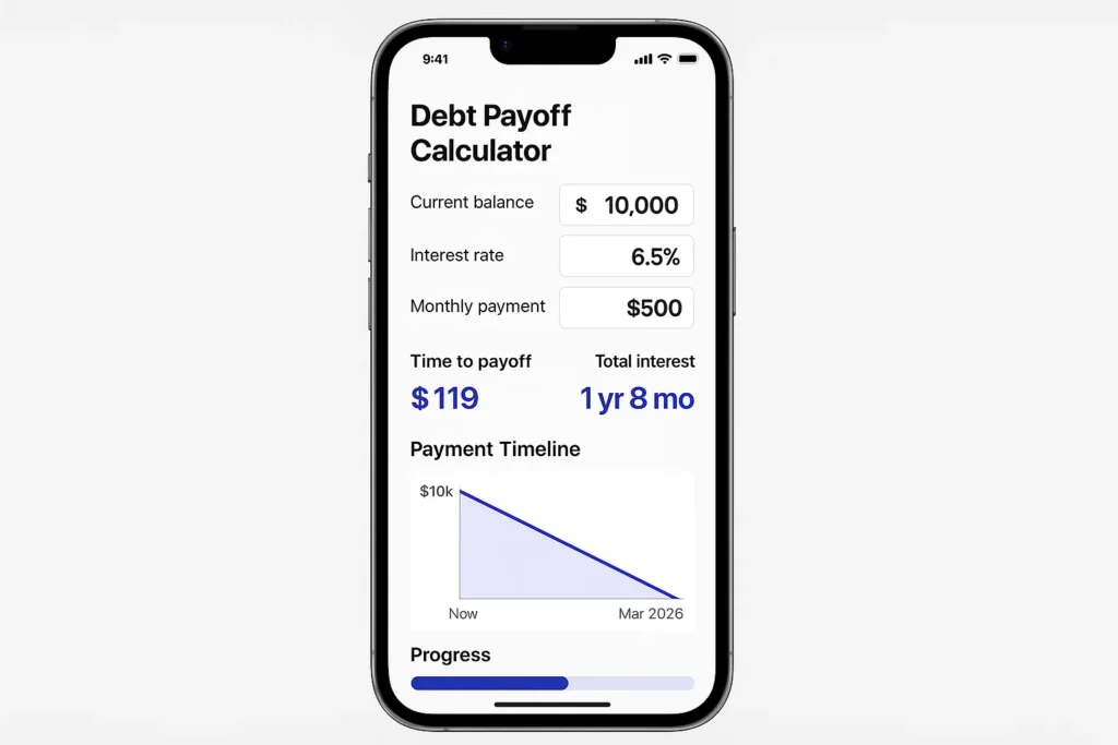 Interactive debt payoff calculator interface on mobile device